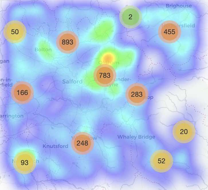 Map showing top industrial features from dataset in Manchester.